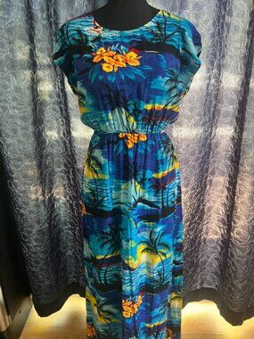Hawaii Hangover Women's Cap Sleeve Simple Maxi Dress Sunset Blue Tropical Rayon